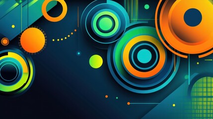 Poster - Abstract design featuring vibrant circles and geometric shapes on a dark background.