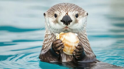 A charming sea otter floating in water, holding a shell, showcasing its playful nature and curiosity in a serene aquatic environment.