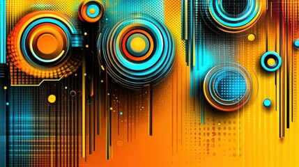 Canvas Print - Abstract design featuring vibrant circles and lines in blue, orange, and black hues.