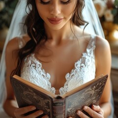 Canvas Print - Bride in wedding dress holding a photo album, see front of wedding album.