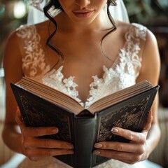 Canvas Print - Bride in wedding dress holding a photo album, see front of wedding album.