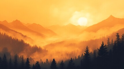 Wall Mural - a mountain range with a misty forest in the foreground with a glowing orange sun.