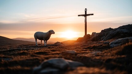 Silhouette of a sheep and a crucifix on a hill during sunset with a dramatic sky