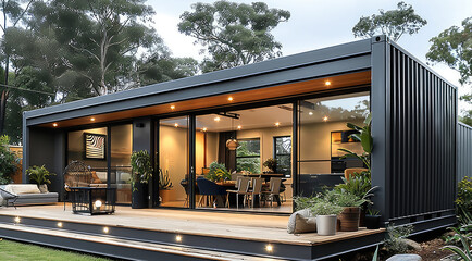 Poster - A shipping container home extension attached directly to an existing modern suburban house. positioned seamlessly against the side of the main building, clearly integrating as additional living space.