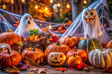 Spooky Halloween Decorations with Pumpkins, Ghosts, and Cobwebs for a Festive Autumn Celebration