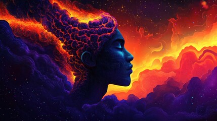 Canvas Print - A surreal depiction of a woman's profile with fiery clouds and cosmic elements.