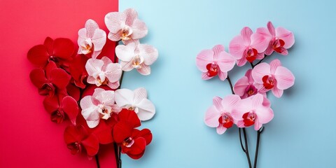 Sticker - A vibrant arrangement of beautiful orchids showcases their exquisite colors. The flowers stand out against a bold background. Perfect for floral design and nature lovers. AI