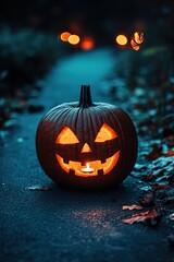 Glowing jack-o'-lantern on a path at dusk