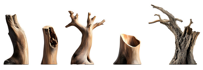 Set of modern decorative natural wood tree sculptures isolated on transparent background. 