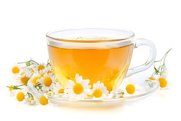 Chamomile tea in clear cup isolated on a white background