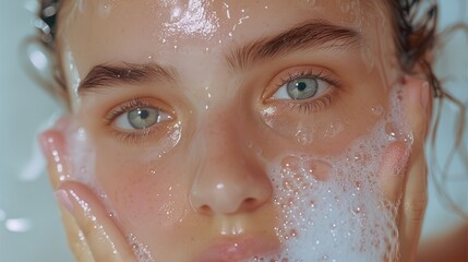 Poster - A young woman washing her face with a gentle foaming cleanser, water droplets and bubbles, refreshing and clean visual, bathroom setting.