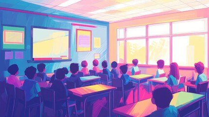 Poster - A colorful classroom scene with students attentively facing a screen.