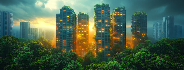 Sustainable architecture, a wide high rise skyscrapers façade photo of modern buildings covered with green trees and plants bush with morning sunset  