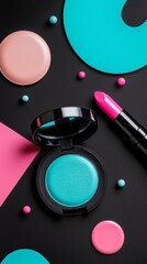 Sophisticated 80s makeup set with neon pink lipsticks, vibrant turquoise eyeshadow, and pearlescent compact powder, arranged on a sleek black background with abstract neon shapes.