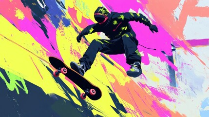 Canvas Print - A skateboarder performs a trick against a vibrant, abstract background.