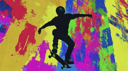 Poster - A silhouetted skateboarder performing a trick against a vibrant, colorful background.