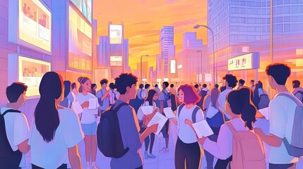 Sticker - A vibrant urban scene featuring people engaged in conversation during sunset.