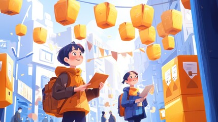 Canvas Print - Two children explore a vibrant street adorned with lanterns and take notes on their devices.