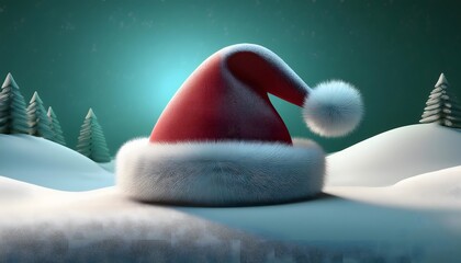 Red and black Christmas background concept Red furry Santa hat amid snow background.