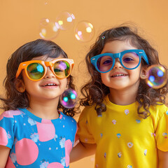 Two indian girls wearing sunglasses and smiling