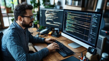 male software developer working at a desk with dual monitors displaying lines of code in a modern of