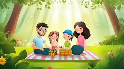 Sticker - A cheerful family enjoying a picnic in a sunlit forest.