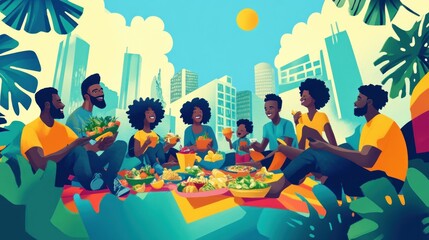 Canvas Print - A vibrant gathering of friends enjoying a picnic with diverse food in an urban setting.