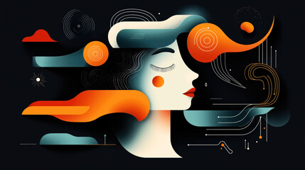 Wall Mural - abstract illustration of a woman's profile with geometric shapes and vibrant colors on a dark backgr