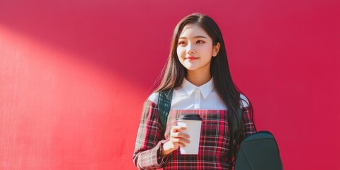 Canvas Print - Casually Chic Asian Girl in Red Lipstick and Plaid Shirt