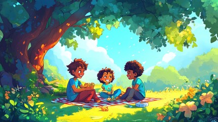 Sticker - Three children enjoy a picnic under a tree, surrounded by nature and sunlight.