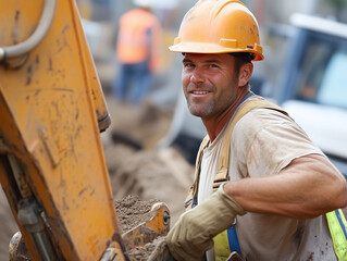 Construction laborer operating a backhoe on a job site, hardworking and precise