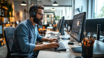 man wearing headphones working on computer in modern office environment with code on monitor and off