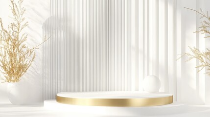 Poster - 3D abstract geometric backdrop featuring a pedestal Minimalist modern illustration in white and gold tones