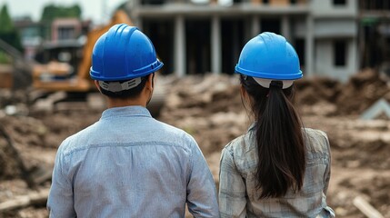 Asian man civil engineer and woman architect wearing blue safety helmet meeting at contruction site.