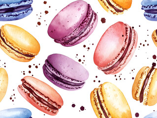 Sticker - Watercolor seamless pattern of colorful macaroons on a white background