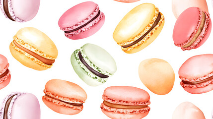 Sticker - Watercolor seamless pattern of colorful macaroons on a white background