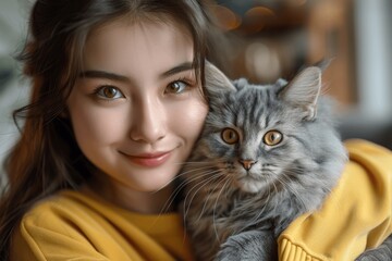 Young Asian Woman Holding Cute Grey British Shorthair Cat in Modern Living Room, Smiling and Playing with Fluffy Pet on Sofa, Happy and Adorable Pet Love at Home