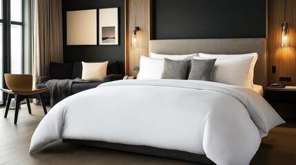 Poster - Modern hotel room with elegant decor, featuring a large bed, pillows, wall art, and ambient lighting. Minimalist furniture includes a sofa and chair by a window.