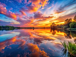 Wall Mural - Stunning sunset over a tranquil lake with vibrant colors reflecting on the calm water surface