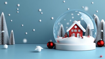 Festive snow globe with a cozy red house and snow covered trees creates a magical holiday atmosphere, evoking warmth and joy