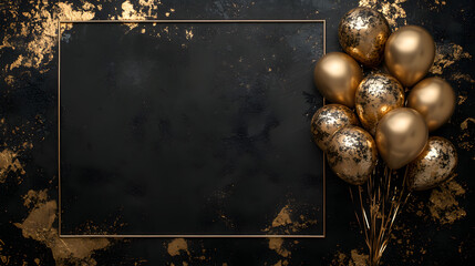 Wall Mural - 3d golden balloons frame on black background. Birthday card with copy space