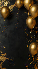 3d golden balloons frame on black background. Birthday card with copy space