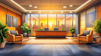 Wall Mural - Modern office interior with sunset view and comfortable seating.