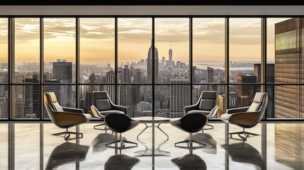 Canvas Print - Modern office interior with city skyline view at sunset.