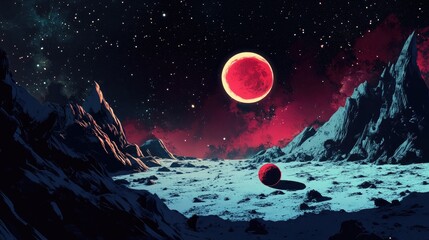 Wall Mural - 2d cartoon illustration of a fantasy galaxy featuring a planet moon craters and abstract satellite t