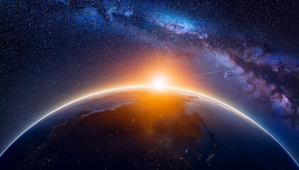 Wall Mural - Planet Earth and sunrise. Starry sky.