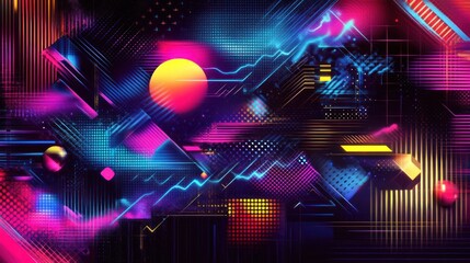 Sticker - Vibrant abstract design with geometric shapes and neon colors for digital backgrounds.