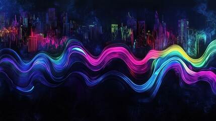 Sticker - A vibrant, abstract representation of sound waves over a colorful city skyline.