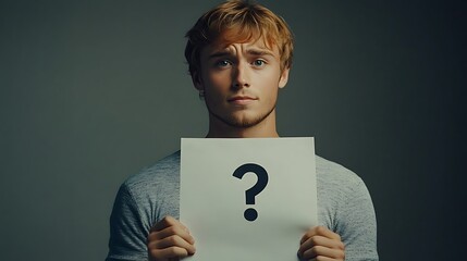 Young man holding a question mark on a white piece of paper.