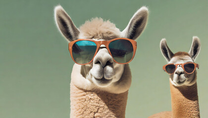 Two llamas wearing stylish sunglasses pose playfully against a blue sky, capturing a fun summer vibe in an outdoor setting